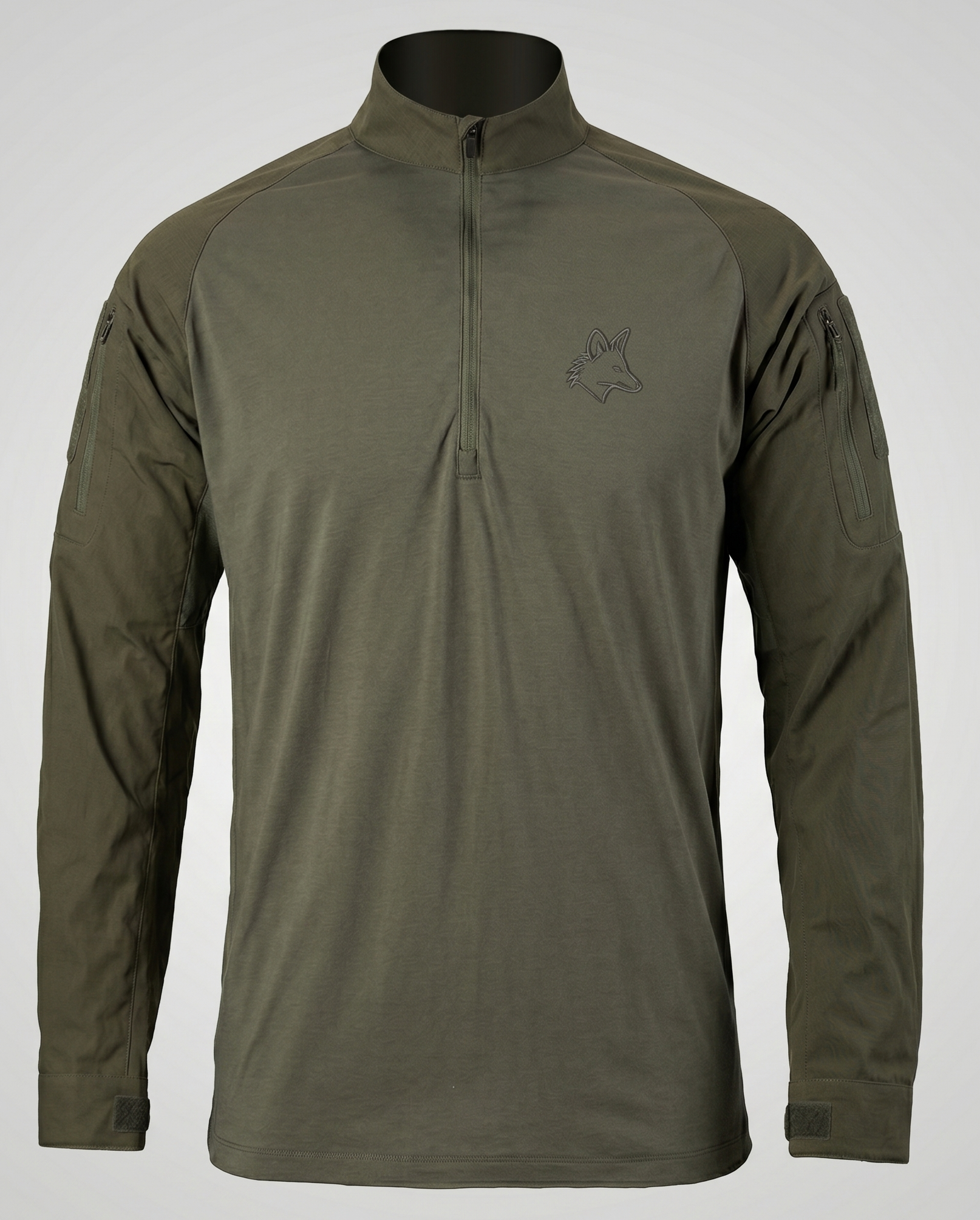 Olive green long-sleeve tactical shirt with a logo